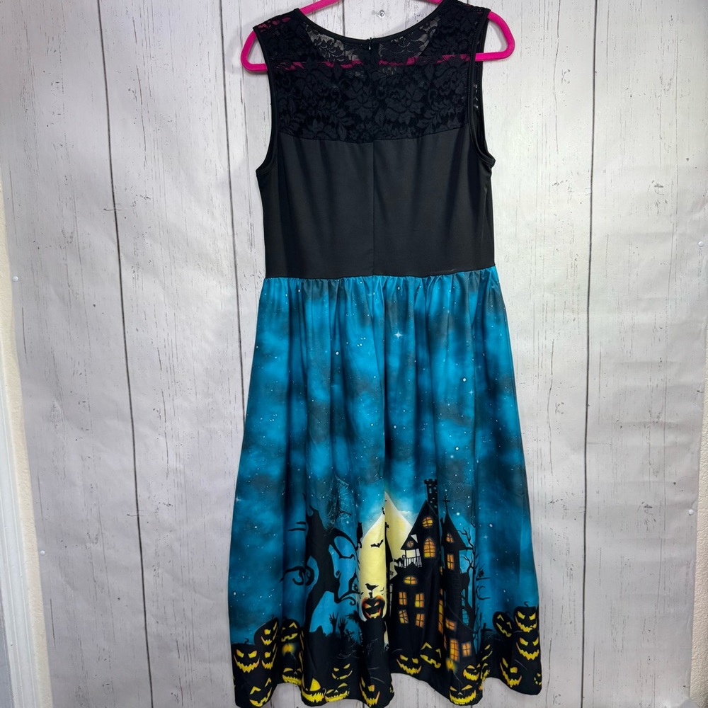 Halloween Haunted House Pumpkin Witch Print Lace Midi Dress Gothic Spooky Size L - Picture 13 of 16